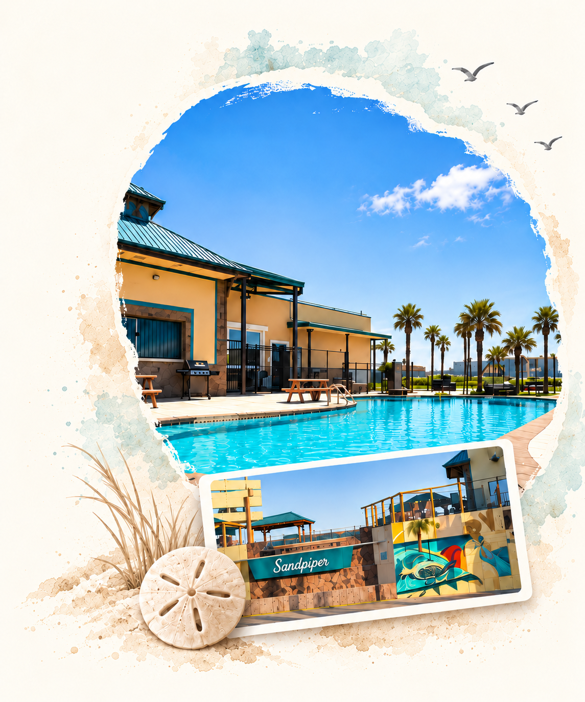 Sandpiper’s pool and entrance in a coastal watercolor collage with beach grasses, shorebirds, and a sand dollar