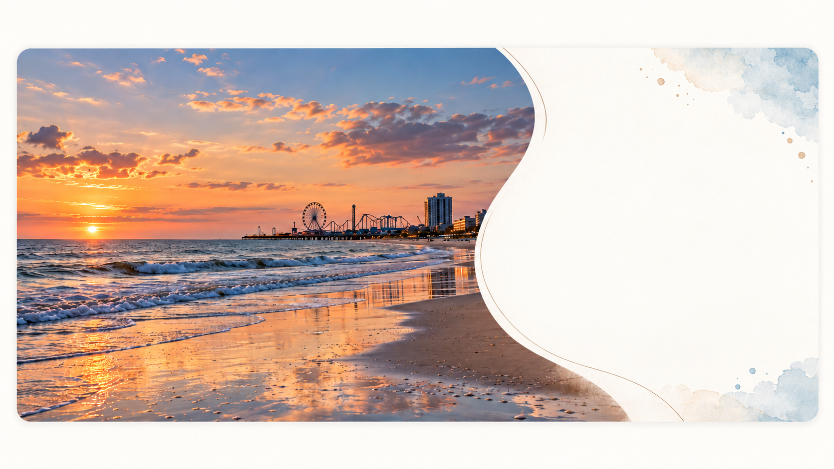 Golden sunset over the Gulf, with Pleasure Pier and waves reflected on the beach
