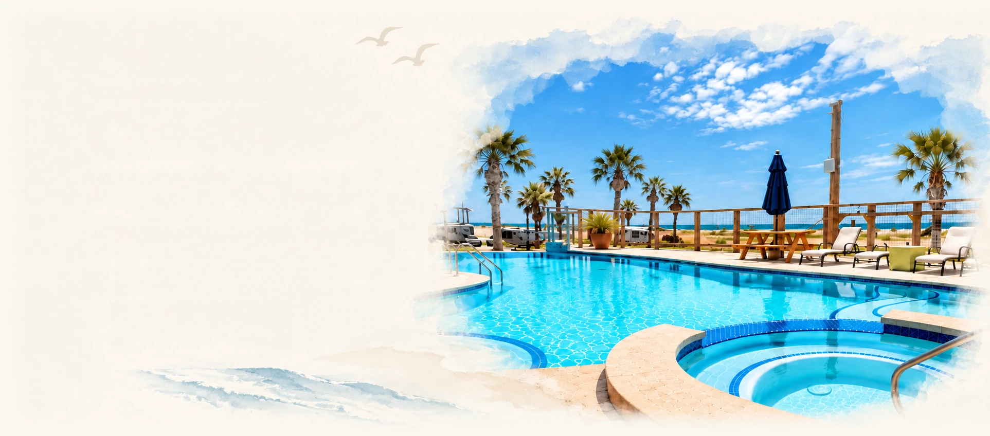 The Sandpiper pool and hot tub beside palm trees, RV sites and the Gulf