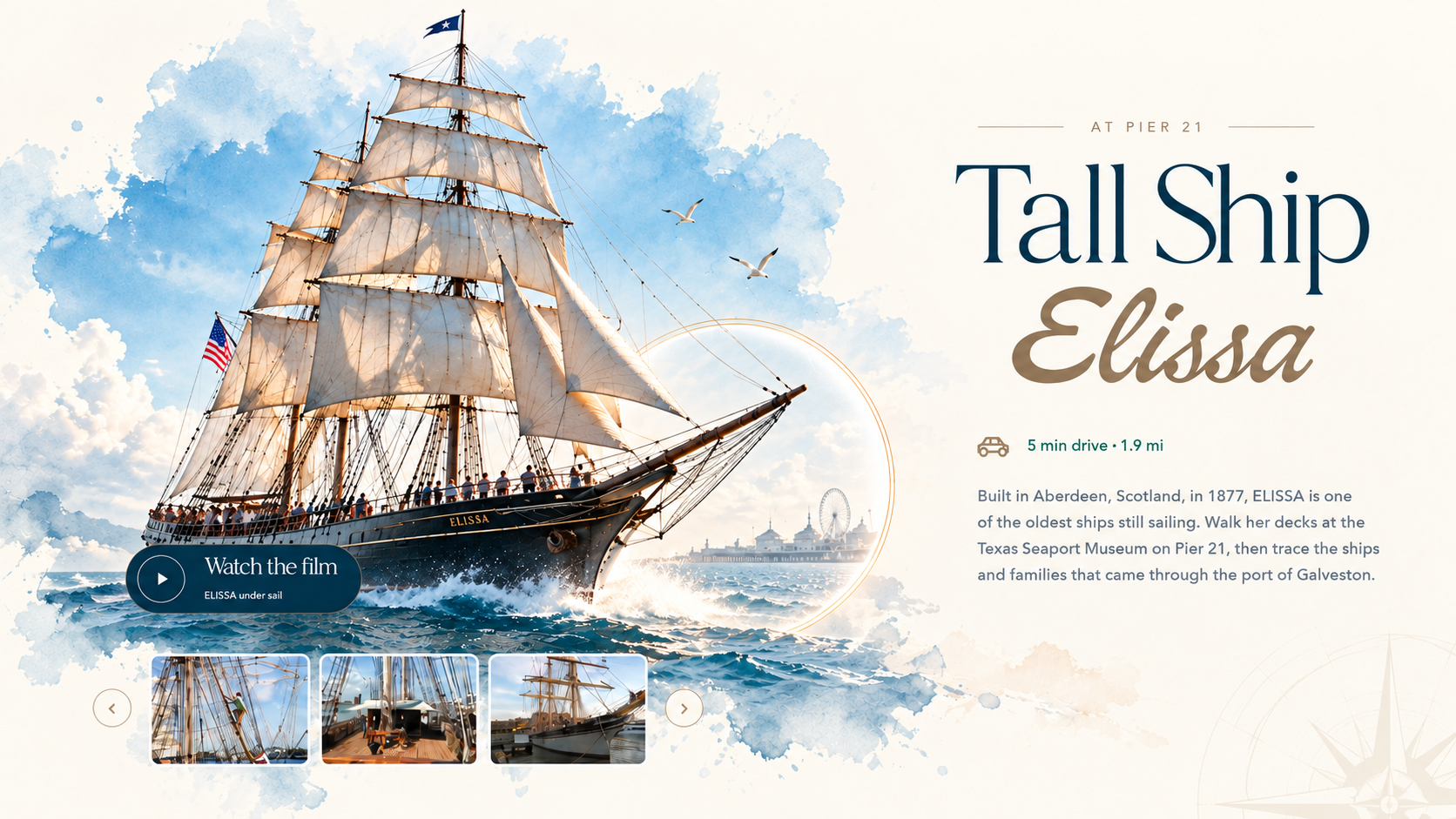 Tall Ship ELISSA under sail, framed by blue watercolor and the Galveston waterfront