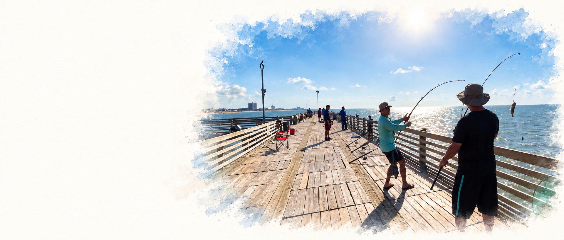 Anglers fishing from the wooden 91st Street Fishing Pier over the Gulf under a blue sky, framed by watercolor edges