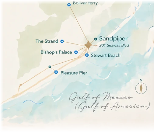 Illustrated map of Galveston's east end showing Sandpiper, Stewart Beach, The Strand, Pier 21, and Pleasure Pier