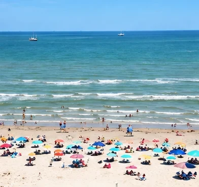 Stewart Beach with colorful umbrellas