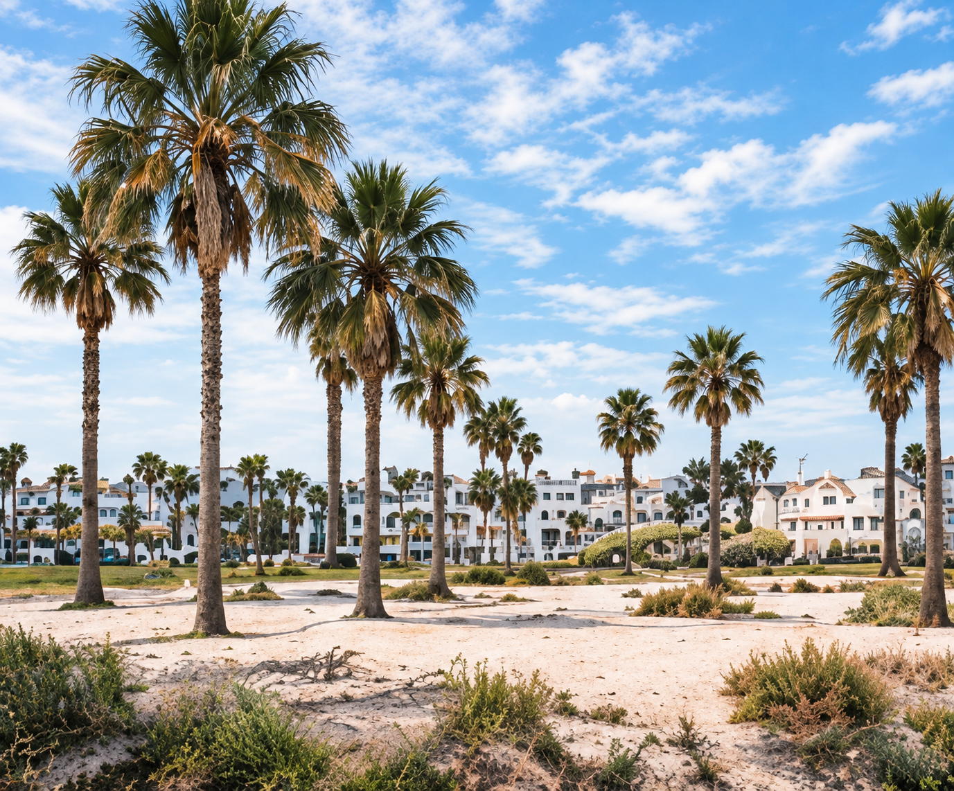 Palms and stilt houses at East Beach