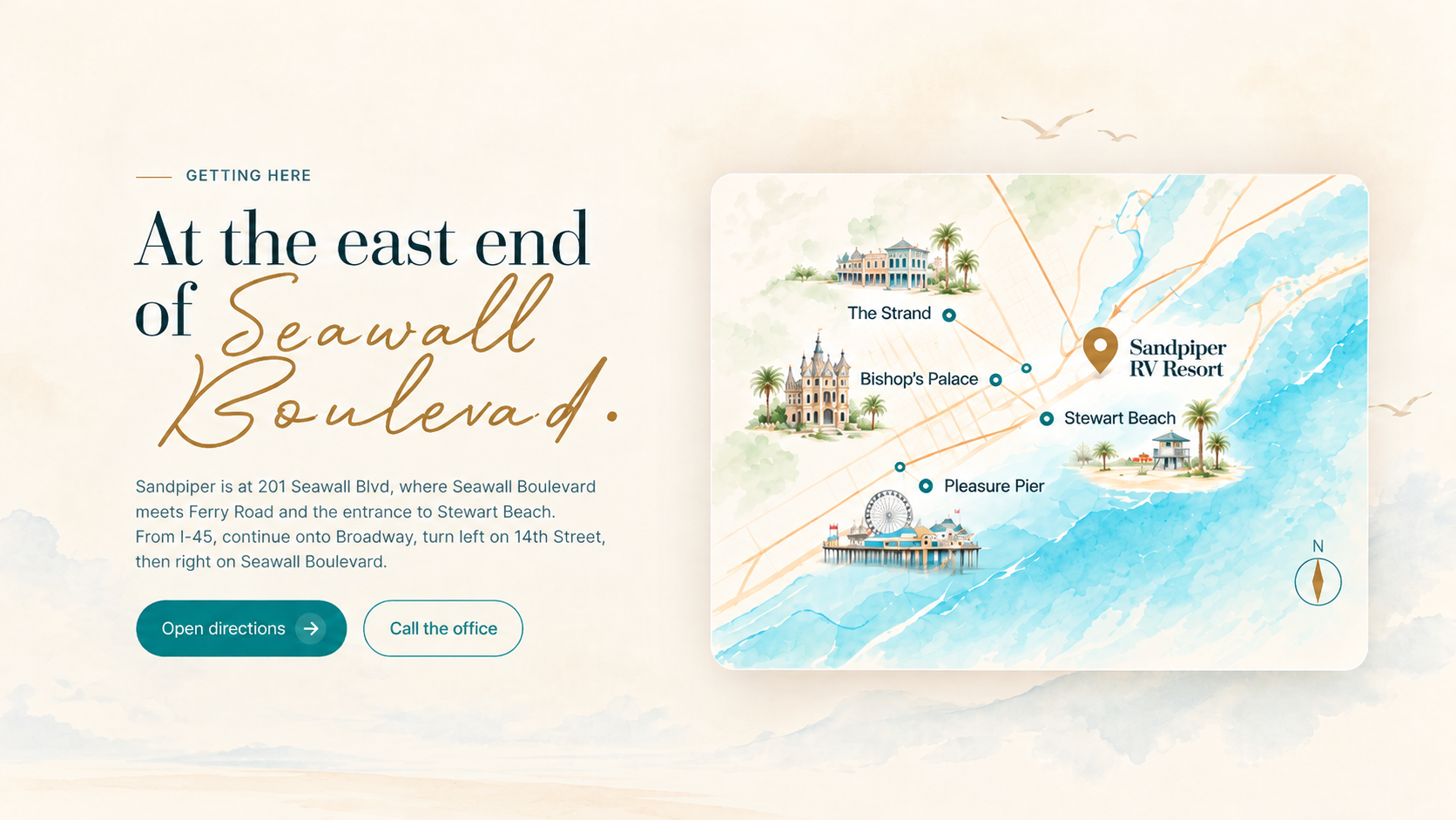 Galveston map showing The Strand, Bishop’s Palace, Pleasure Pier, Stewart Beach and Sandpiper RV Resort