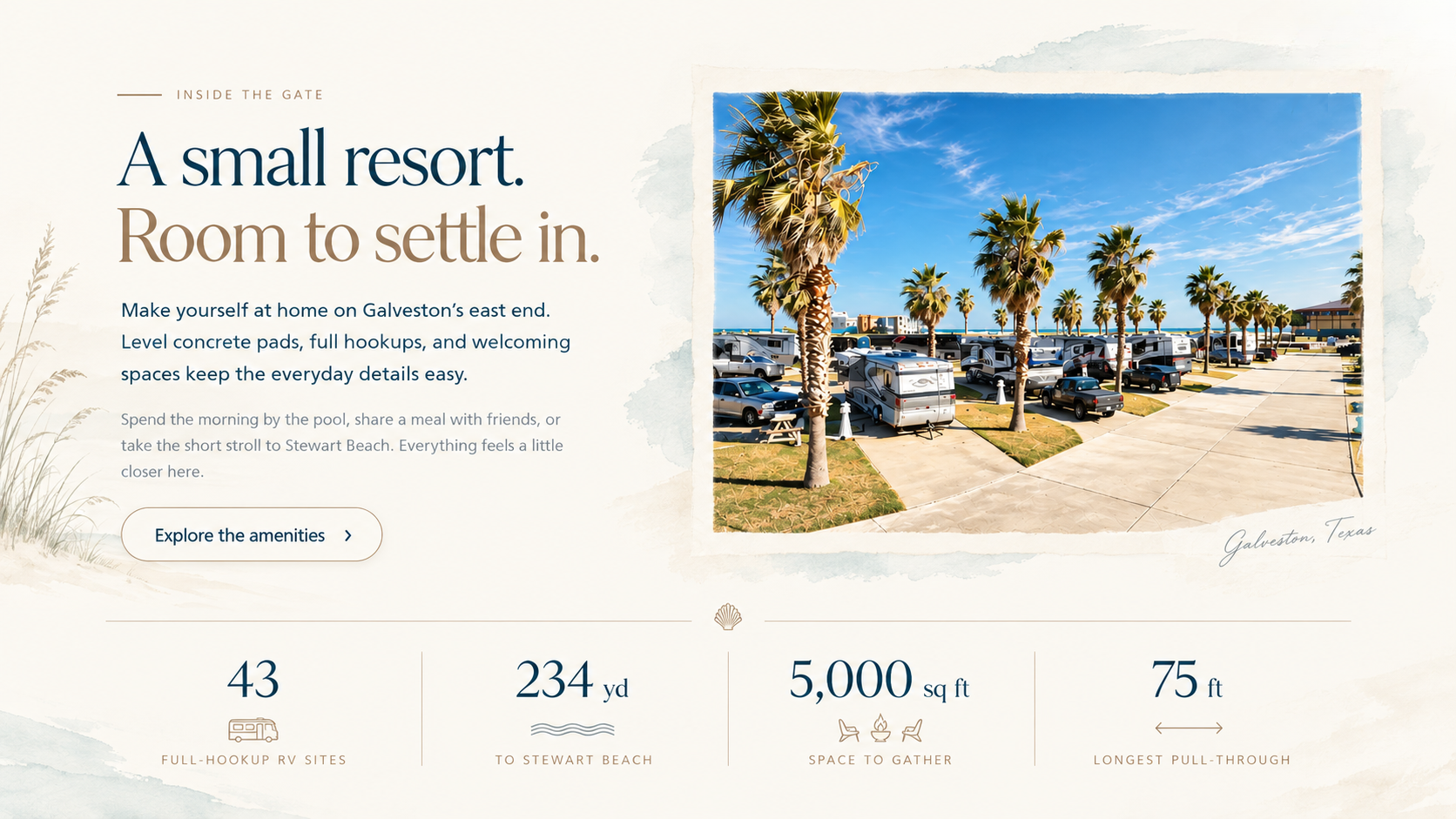 Palm-lined RV sites at Sandpiper RV Resort, surrounded by coastal watercolor and a paper photo frame