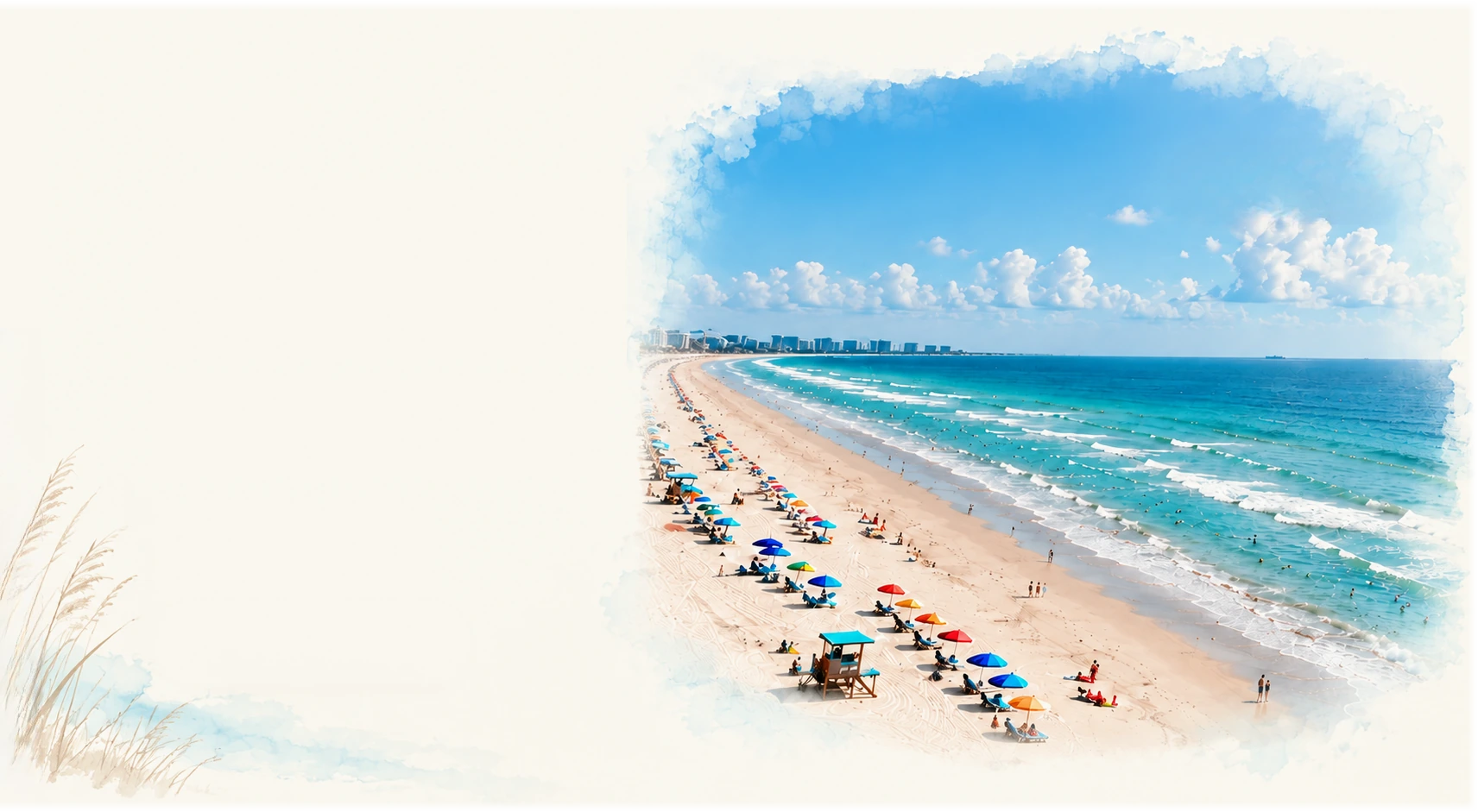 Stewart Beach with colorful umbrellas on the sand and turquoise waves along the Galveston coast