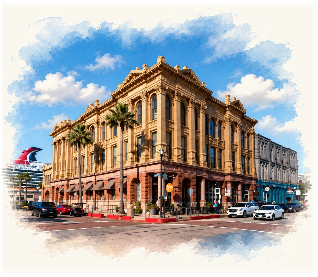 Victorian corner building on The Strand with palms, parked cars, and a cruise ship in the background
